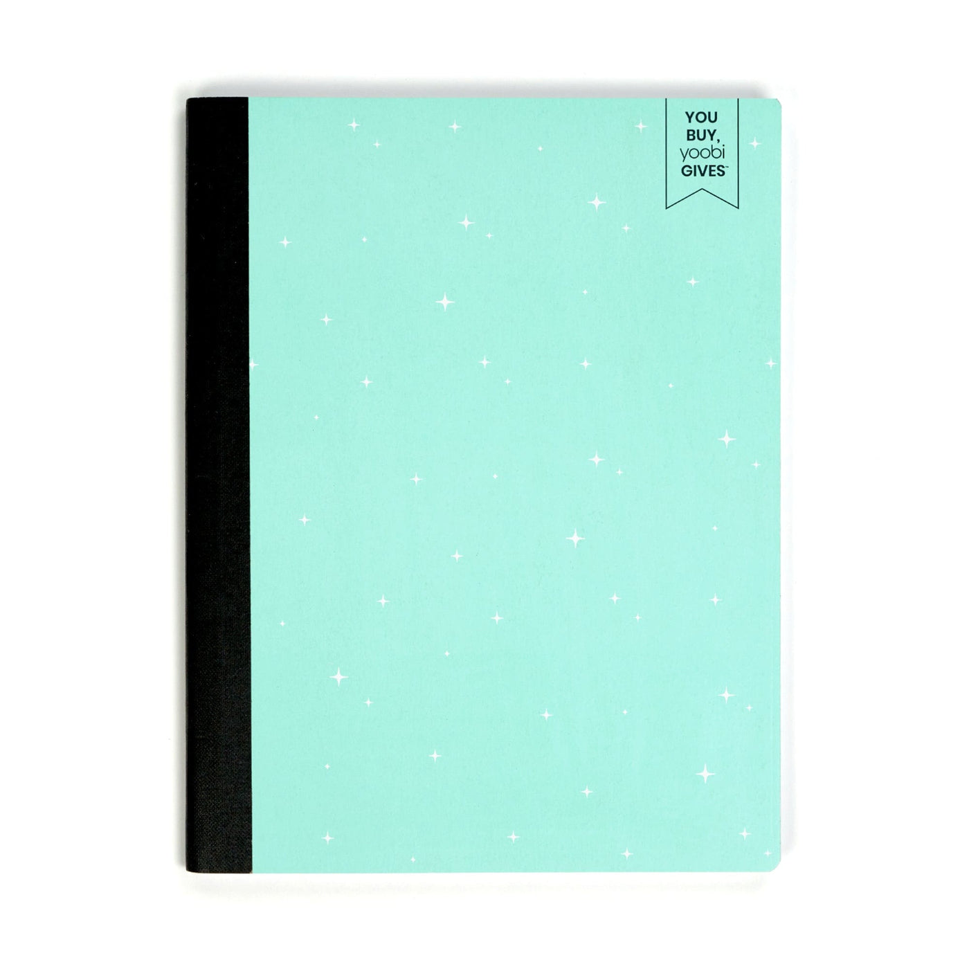 Mint composition book with white twinkle star print on cover and black binding