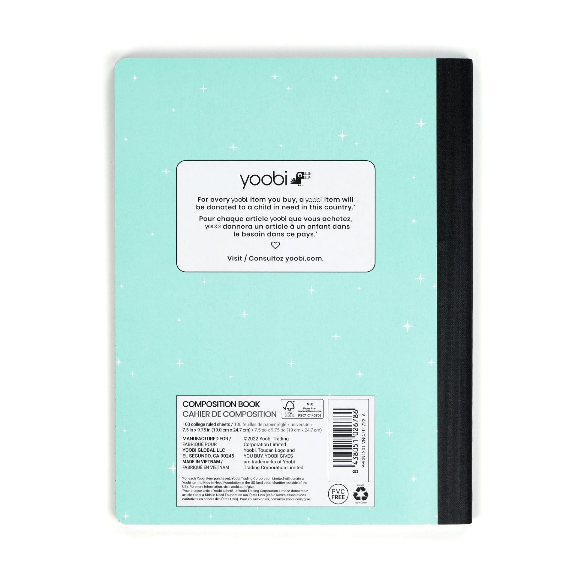 Back of mint twinkle composition book showing mint twinkle star print on back of cover and Yoobi label