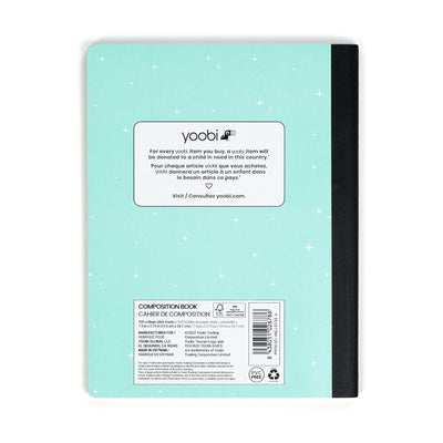 Back of mint twinkle composition book showing mint twinkle star print on back of cover and Yoobi label