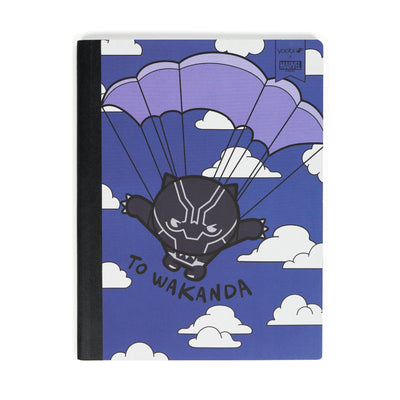 Blue composition book with Black Panther character  parachuting in the sky