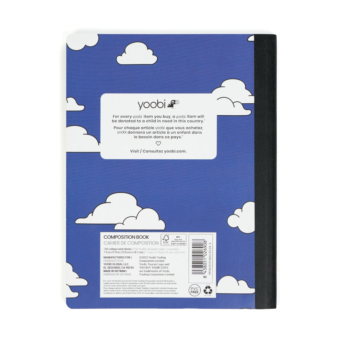 Back of Black Panther composition book showing blue sky with clouds print and Yoobi label