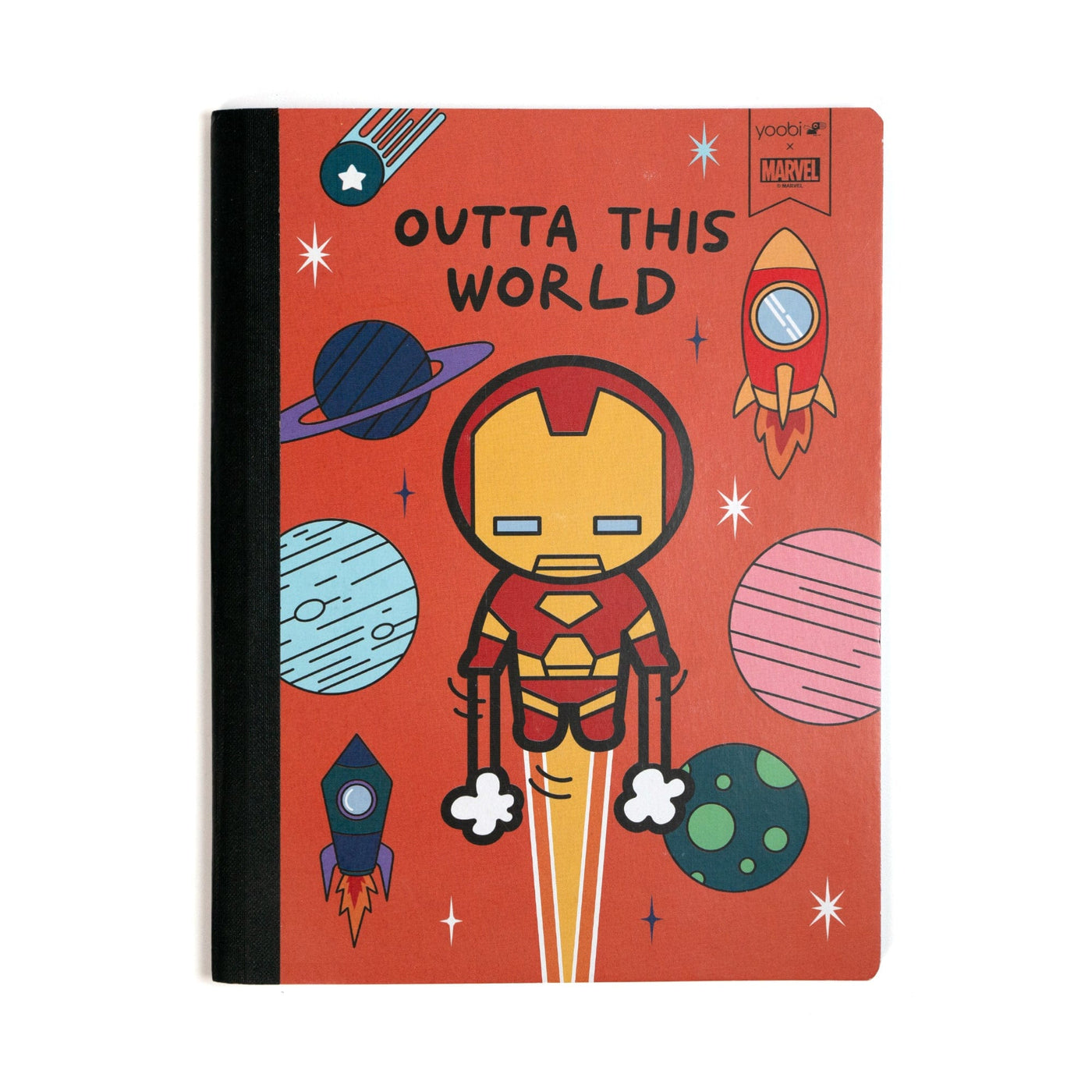 Red composition book with Iron Man surrounded by space ships  and planets