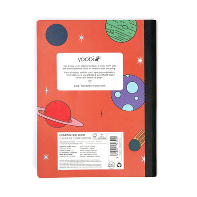 Back of Iron Man composition book showing planets on red background and Yoobi label