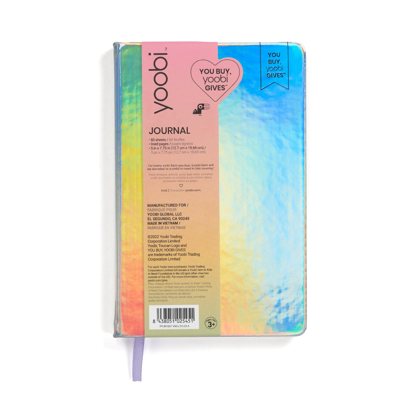 Holographic journal shown with Yoobi packaging label