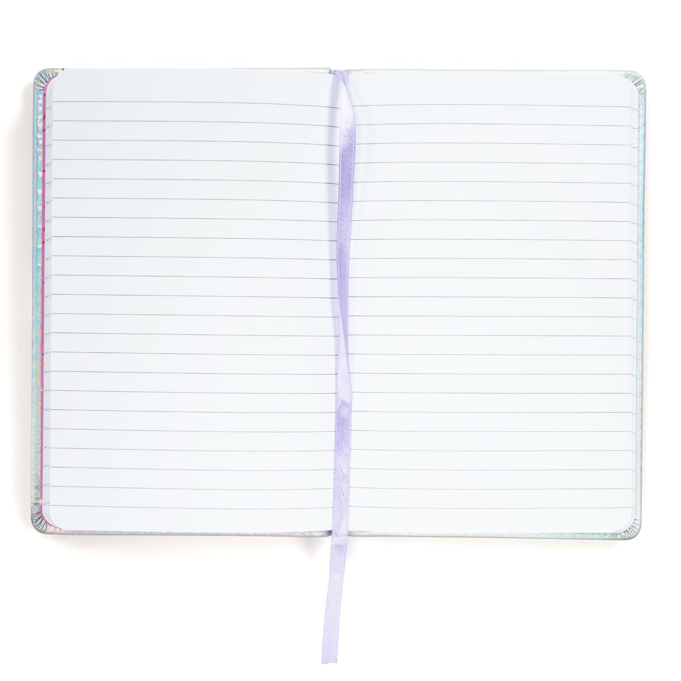 Inside of open holographic journal showing college rule lined paper and lavender ribbon bookmark