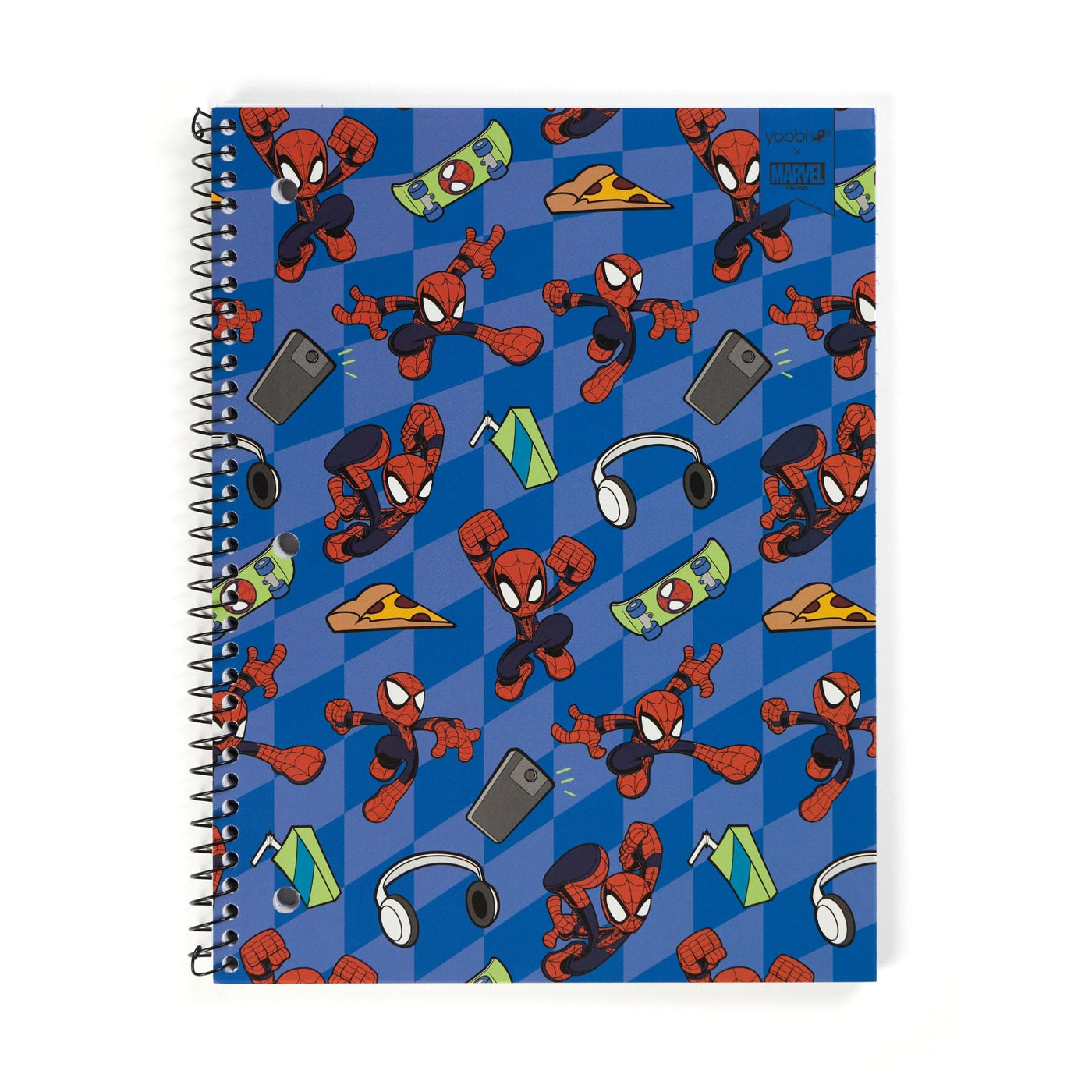 Blue one subject spiral notebook with Spider-man and skateboard print on front cover