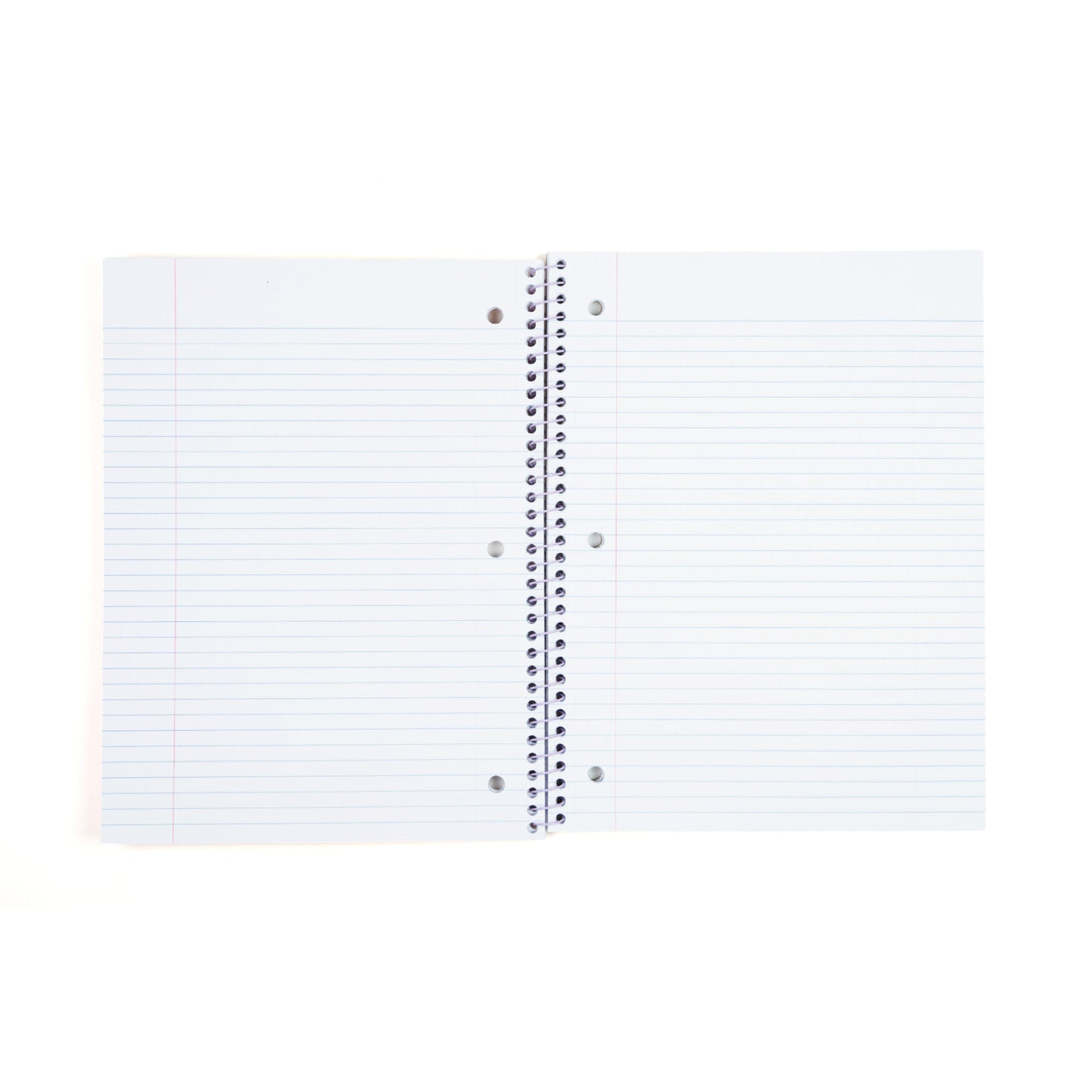 Inside of open one subject spiral notebook showing college ruled 3-ring hole punched perforated paper