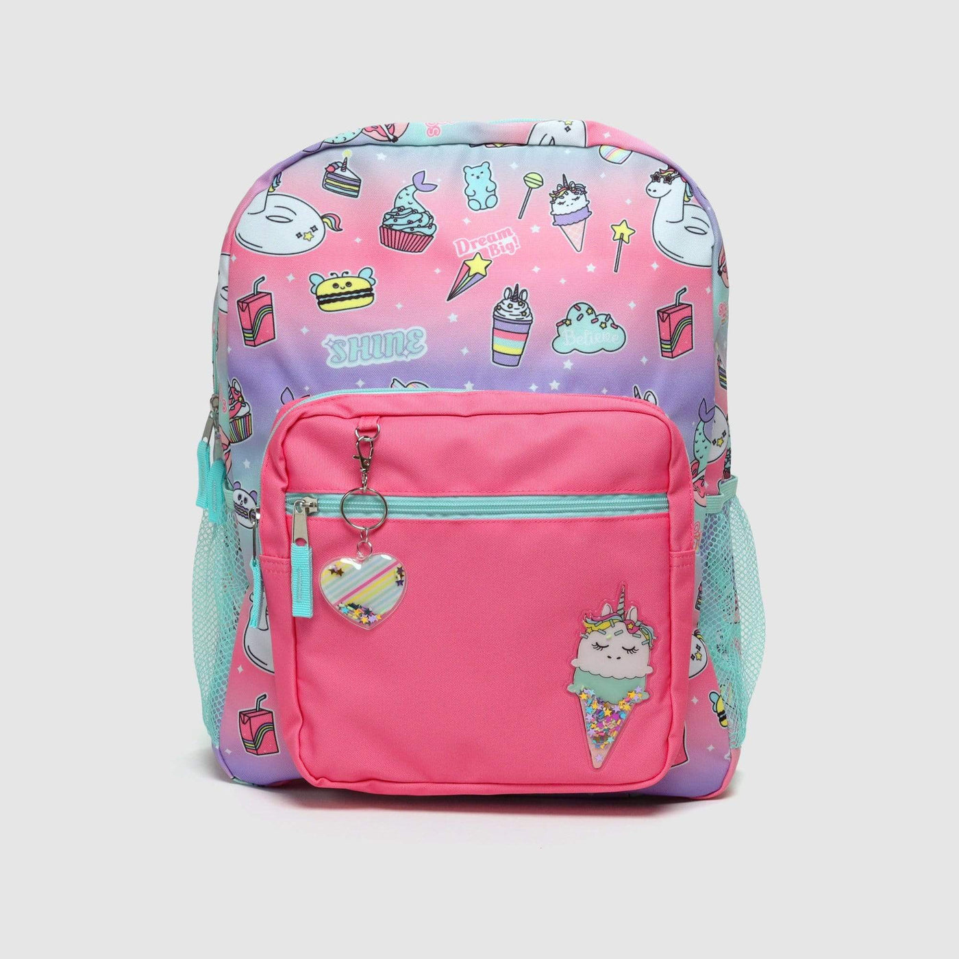 sweet dreams backpack with pink front zip pocket and aqua mesh side pockets to hold water bottle