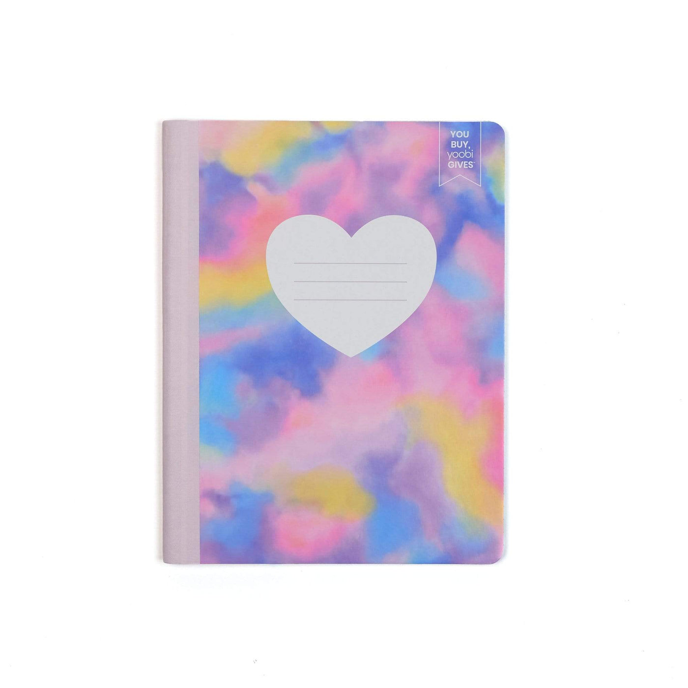 tie-dye composition book with heart shaped label on front cover