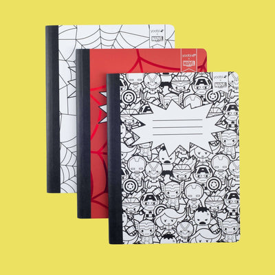 set of 3 Avengers composition books - one with Avengers icon black and white print, one with red Spider-Man web print and one with Spider-Man on a white web background