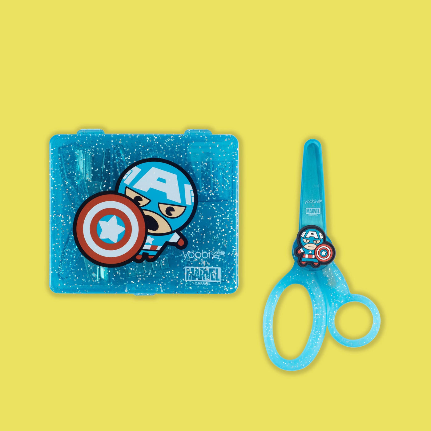 Captain America mini supply kit and Scissors with Captain America cartoon figure on top of case and Captain America charm on front of scissors, blue glitter