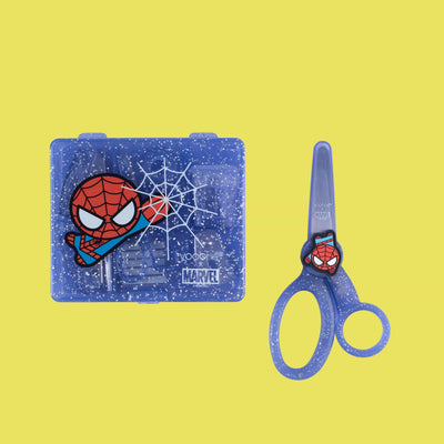 Spider-Man mini supply kit and scissors set with Spider-Man cartoon on top of case and Spiderman charm on top of scissors front, blue glitter