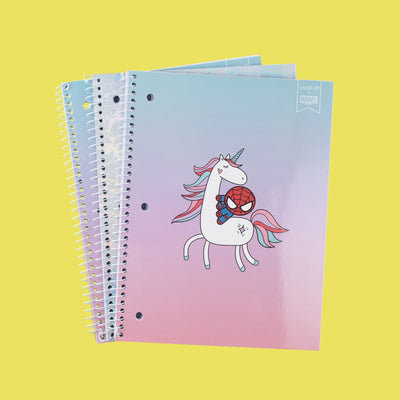 3 pastel one subject spiral notebooks with 3-hole punch - two with Spider-Man riding a unicorn pictured on front and one with holographic all-over Avengers icon print