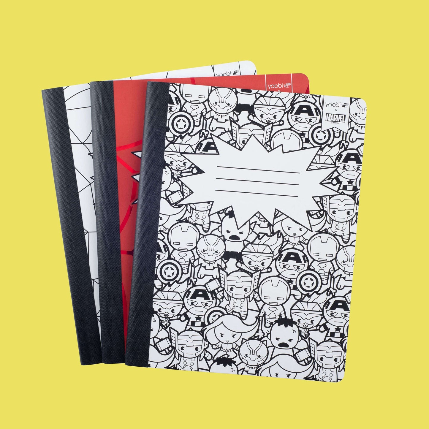 set of 3 Avengers composition books - one with Avengers icon black and white print, one with red Spider-Man web print and one with Spider-Man on a white web background 