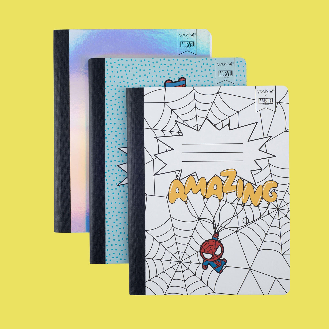 set of 3 composition books - one with Spider-Man hanging from balloons that spell out AMAZING,  white web background, one with floaty Spider-Man floating on swan, pastel background and one with Spider-Man holding a boombox, light blue background