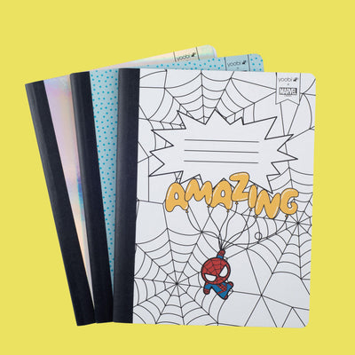 set of 3 composition books - one with Spider-Man hanging from balloons that spell out AMAZING,  white web background, one with floaty Spider-Man floating on swan, pastel background and one with Spider-Man holding a boombox, light blue background
