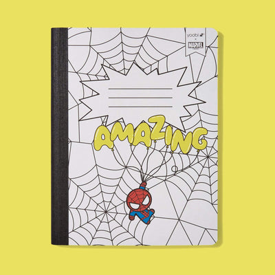 white composition book with Spider-Man holding balloons that spell out AMAZING on white spiderweb background