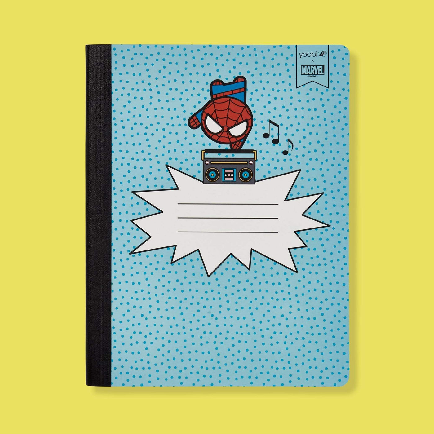 Spider-Man composition book with Spider-Man holding a boombox on front cover, light blue background