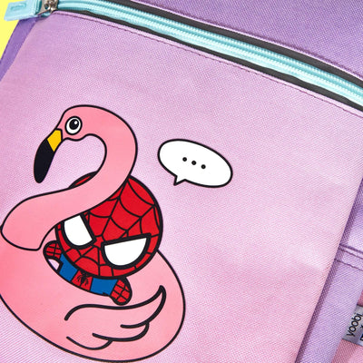 close up of floaty Spider-Man showing Spider-man on floaty swan print on front pocket