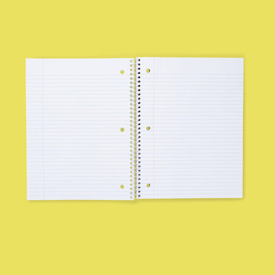 inside of open spiral one subject notebook showing college-ruled paper