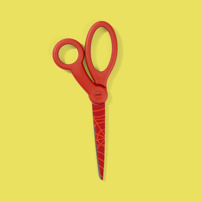red scissors with red Spider-Man web design on blade