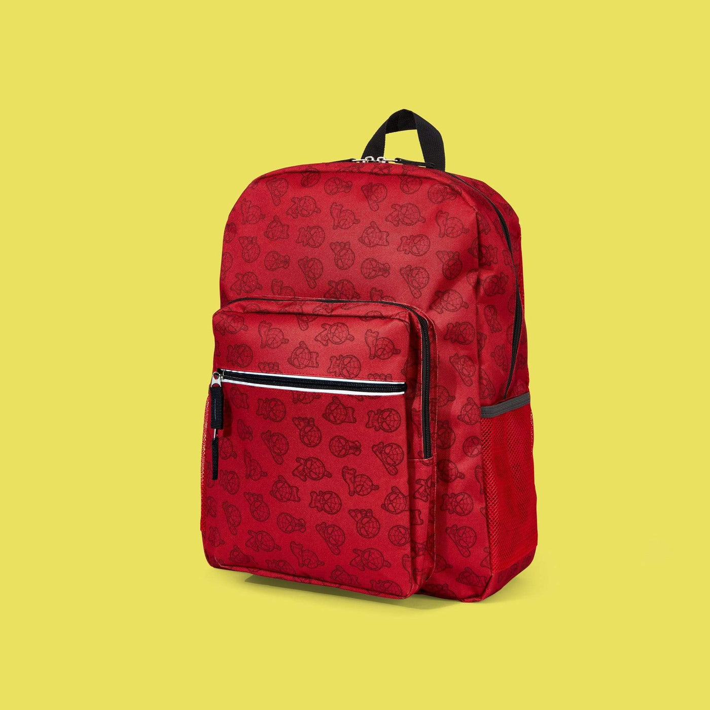 red backpack with Spider-Man Print with front zipper pocket.  Black handle and zipper detail