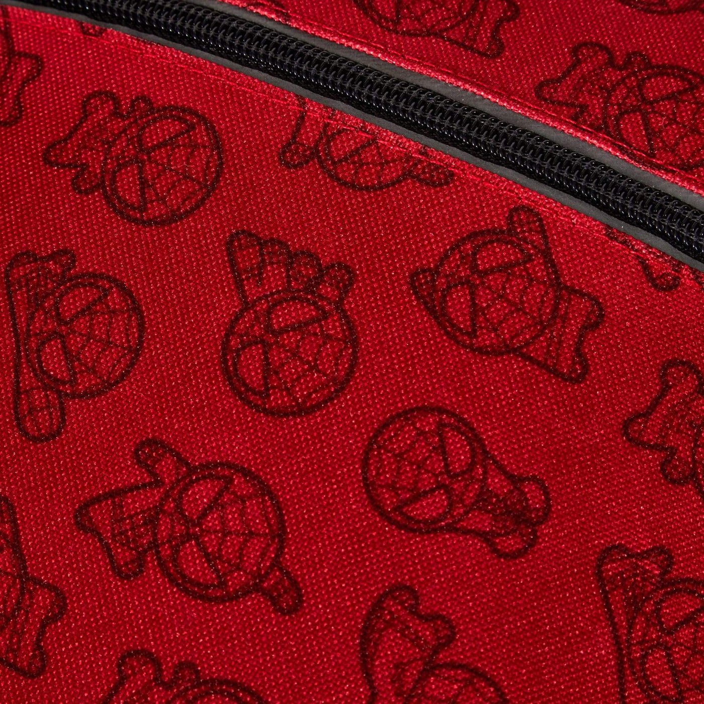 close up of Spider-Man print on red Spider-Man backpack