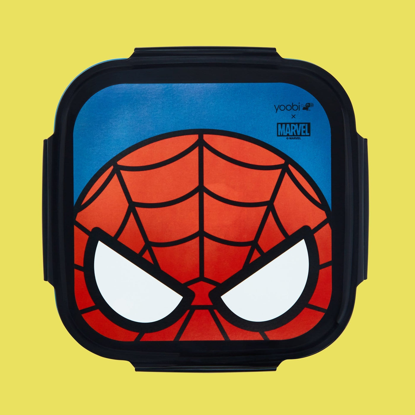 blue bento box with cartoon Spider-Man face on lid