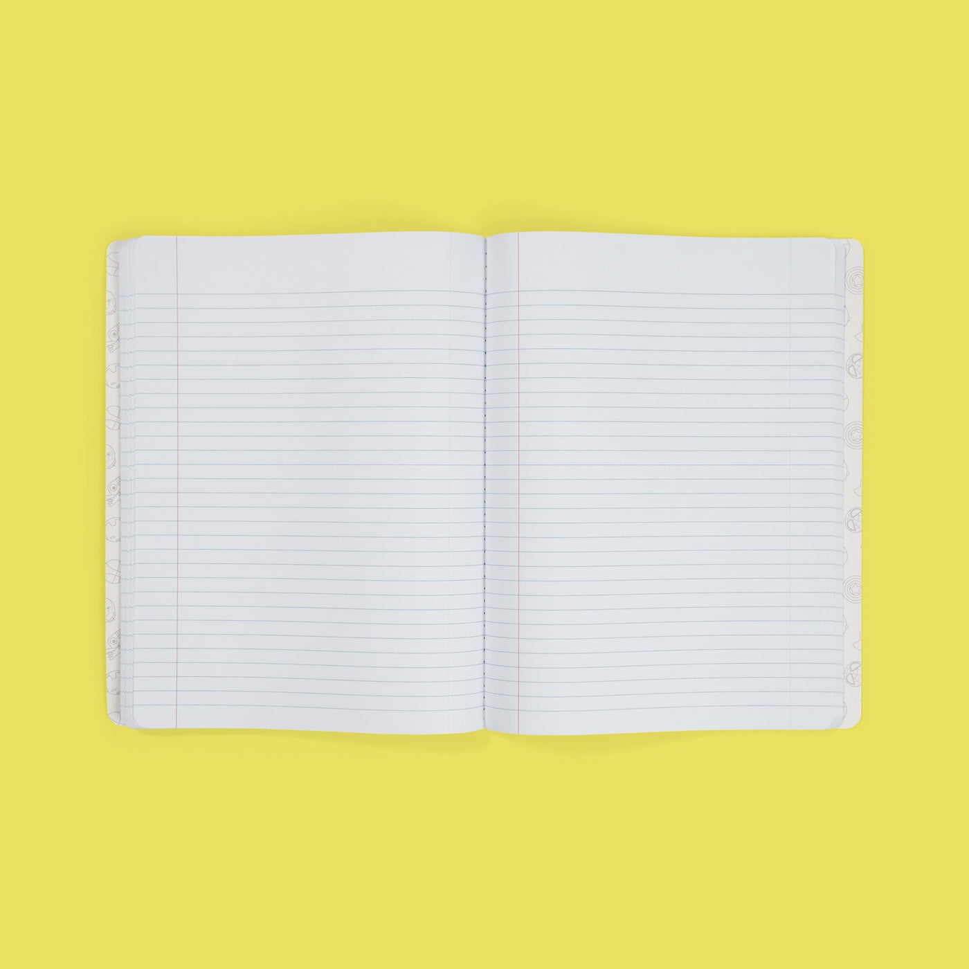 inside of open composition book showing college-ruled paper