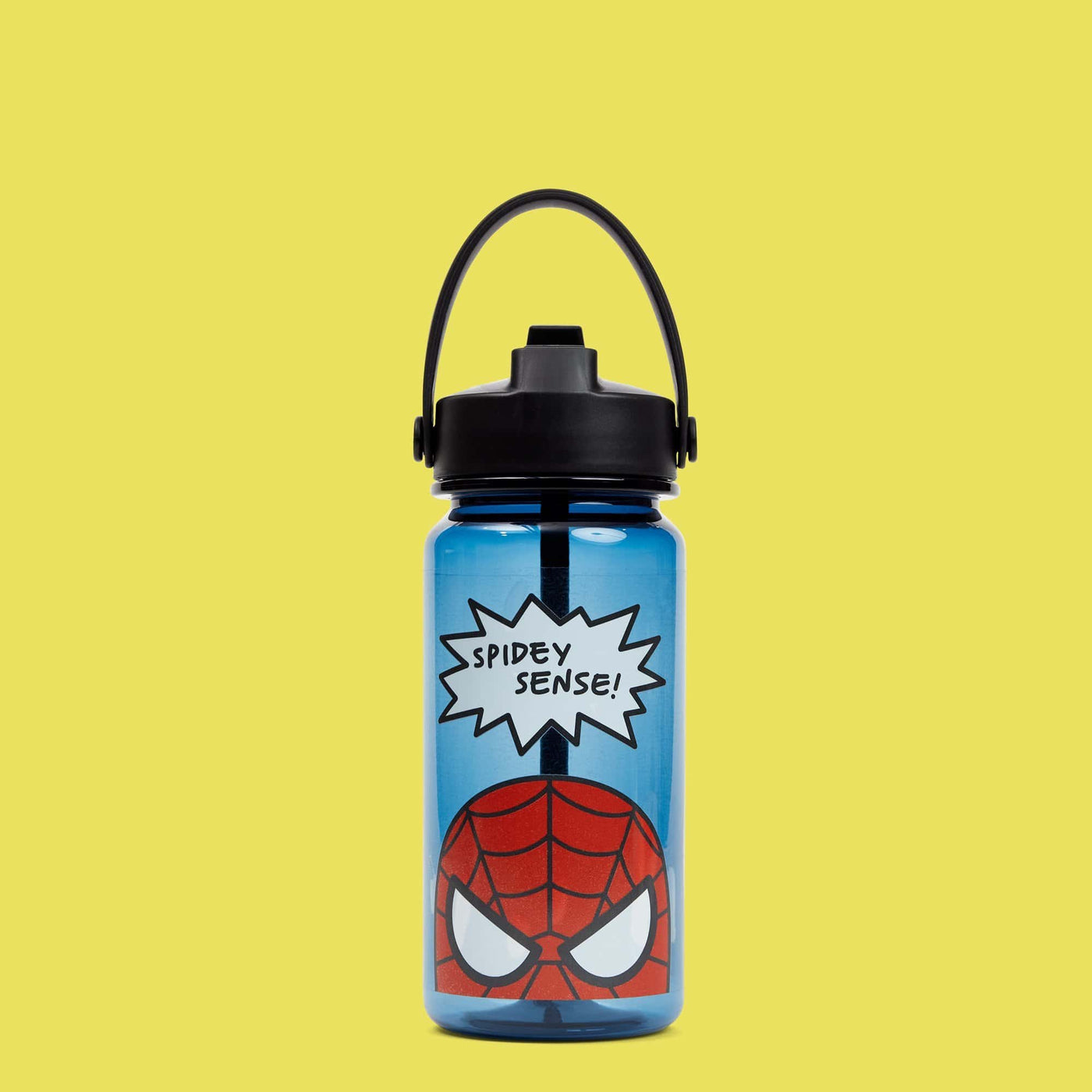 blue water bottle with red cartoon Spider-Man face and speech bubble that says "Spidey Sense!"