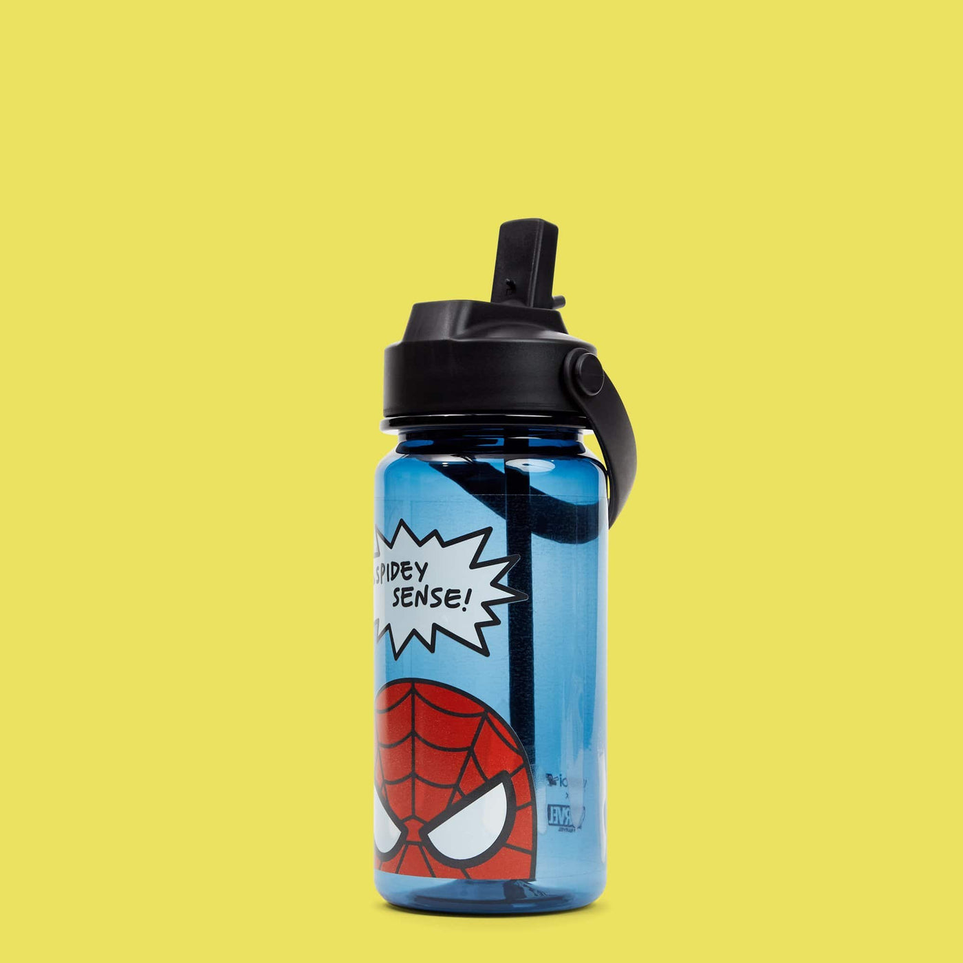 blue water bottle with red cartoon Spider-Man face and speech bubble that says "Spidey Sense!" showing pop up drinking spout 
