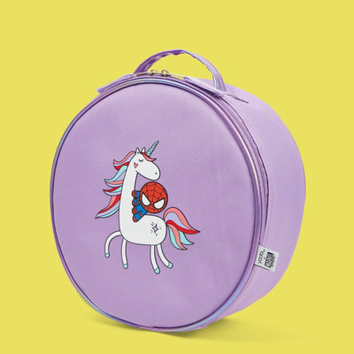 round lavender unicorn Spider-Man lunch bag with Spider-Man riding a unicorn on front of lunch bag.  Lavender handle and zipper detail