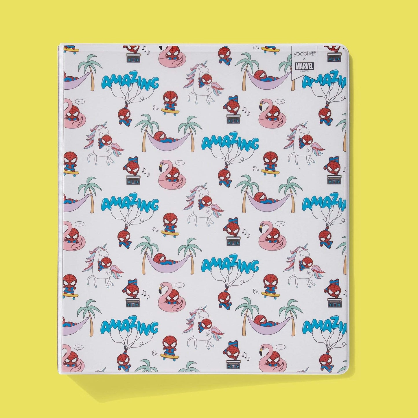 front of Spider-Man 3-ring 1" binder with Spider-Man characters shown with boombox, in a hammock, floating on swan and hanging from balloons on white background