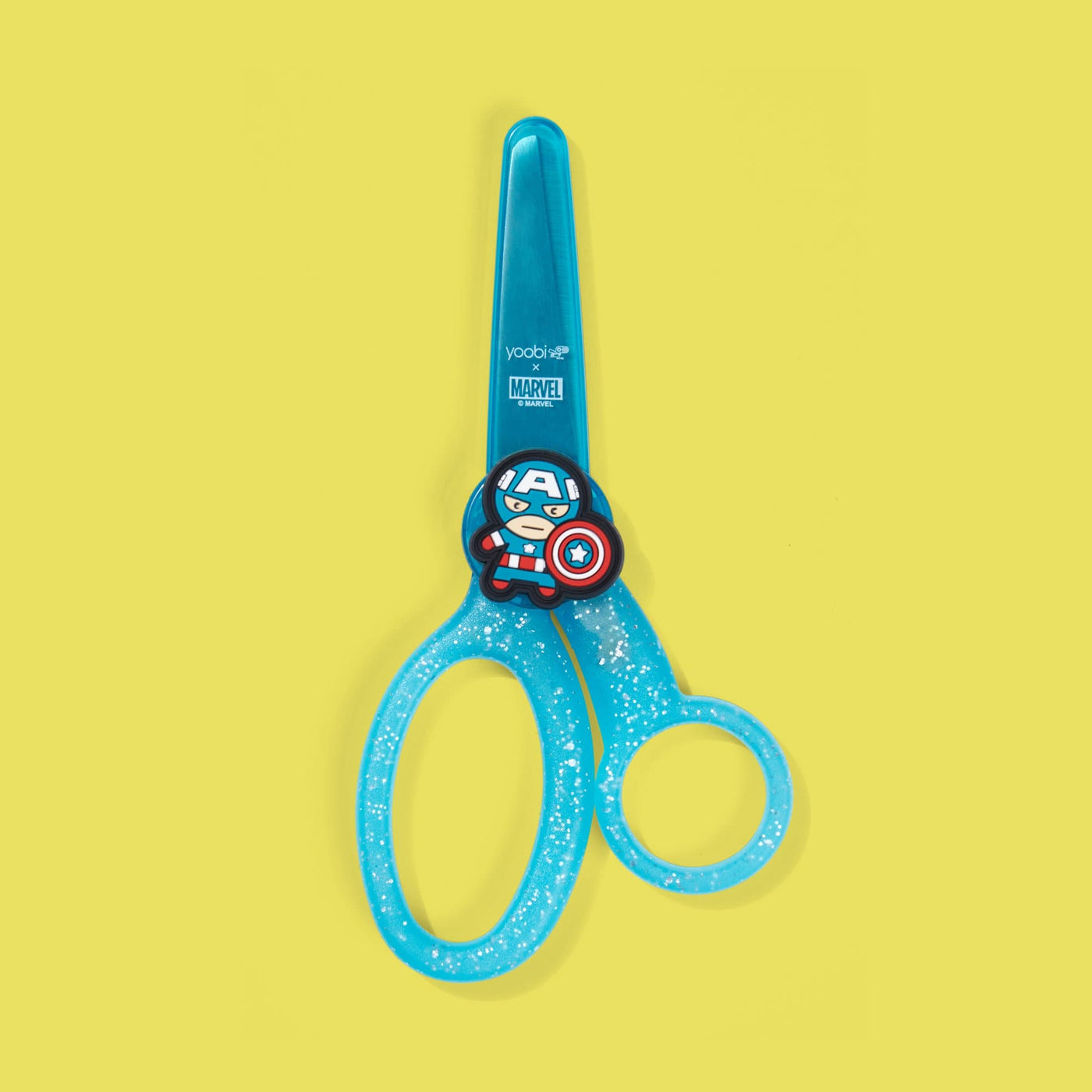 Captain America kids scissors with blue glitter handle and blade cover with Captain America charm