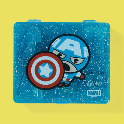 Captain America glitter infused mini supply kit top of case with Capt America character