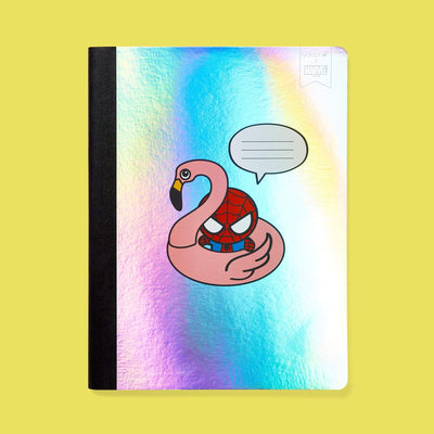 Spider-Man composition book with Spider-Man floating on swan, pastel ombre background