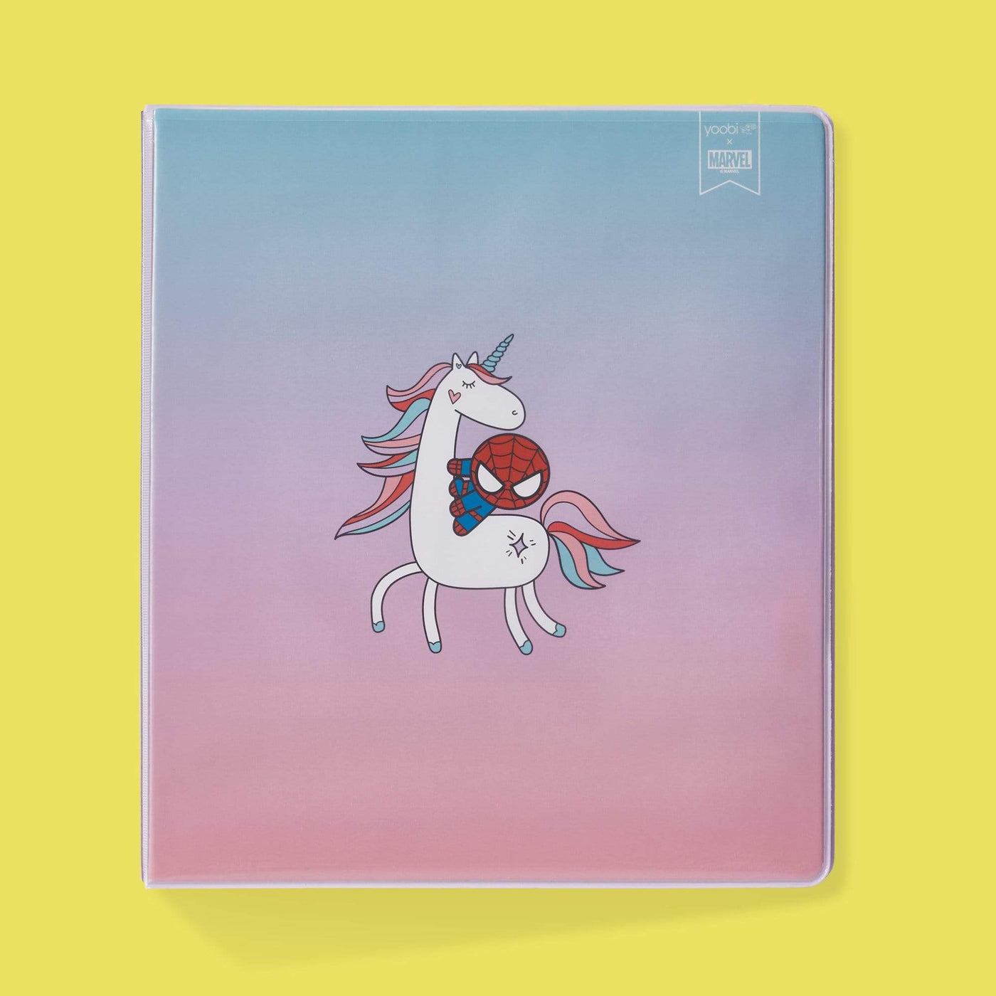 front of unicorn Spider-Man 3-ring 1" binder showing Spider-man riding unicorn on pastel ombre background