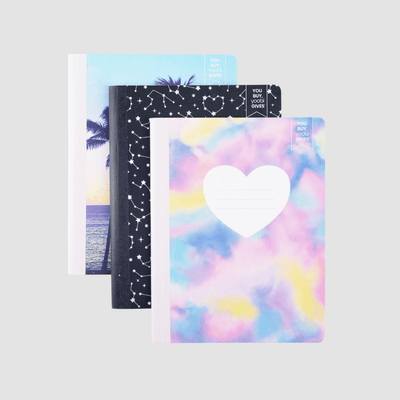 set of 3 composition books - pastel tie-dye with heart, black constellation and palm tree ocean sunset 
