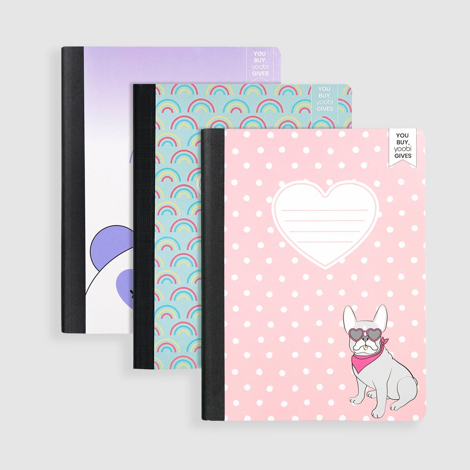 set of 3 composition books - Frenchie polka dot, aqua rainbow and pandacorn