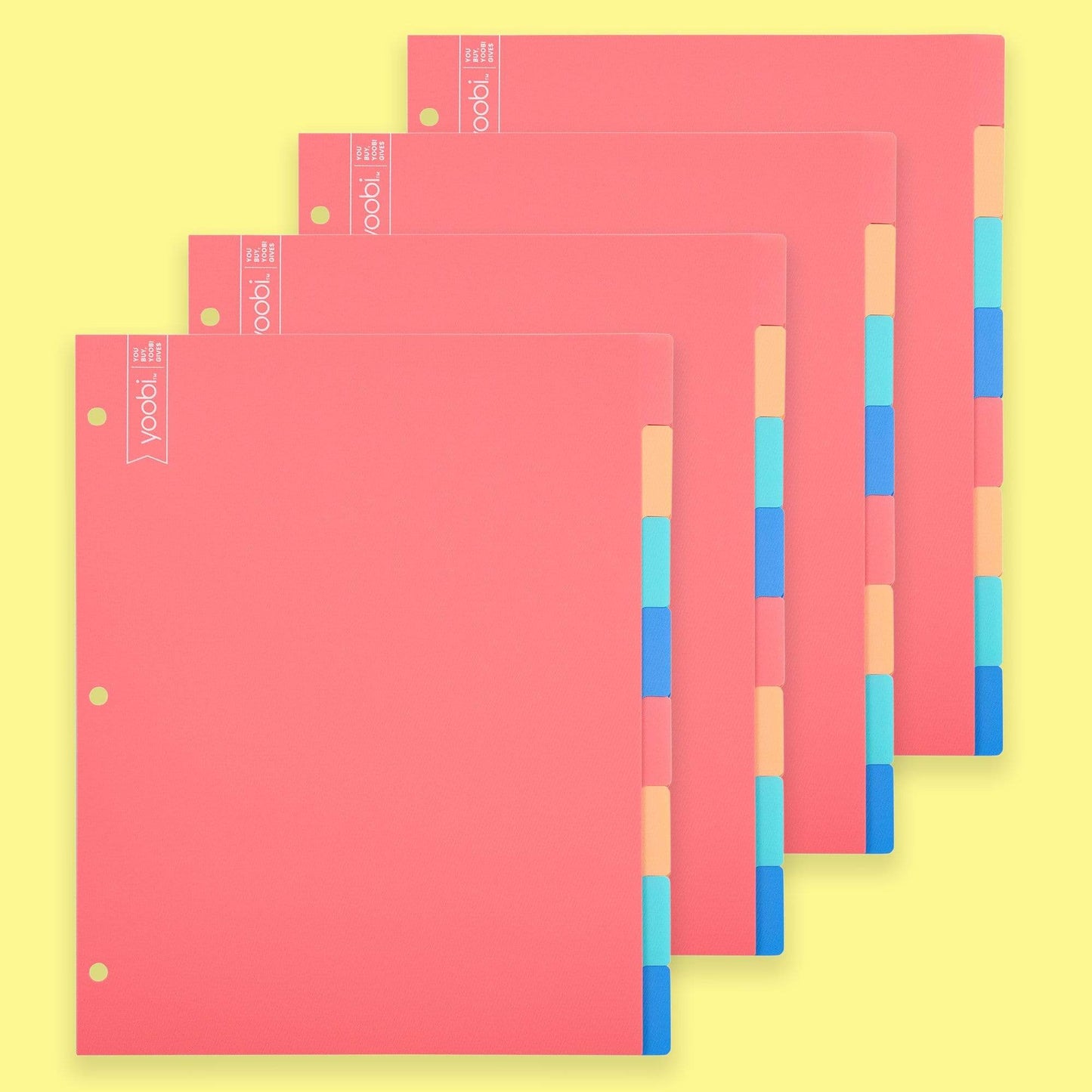 set of four 8-tab dividers with 3-hole punch and multi-colors - blue, mint, blush, coral