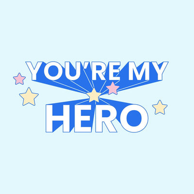 Yoobi gift card with You're My Hero message on light blue background with white and blue block lettering and stars