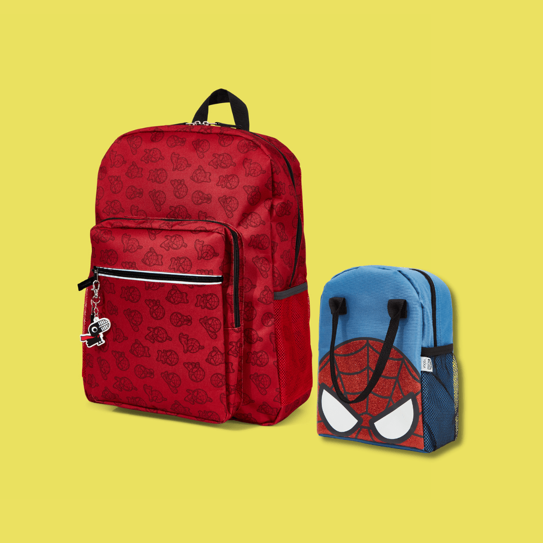 red backpack with Spider-Man print and Spider-Man lunch bag.  Both have black handles and zipper detail